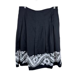 Isda & Co 100% Linen Black White Embroidered Knee Length A-Line Pleated‎ Skirt 8
